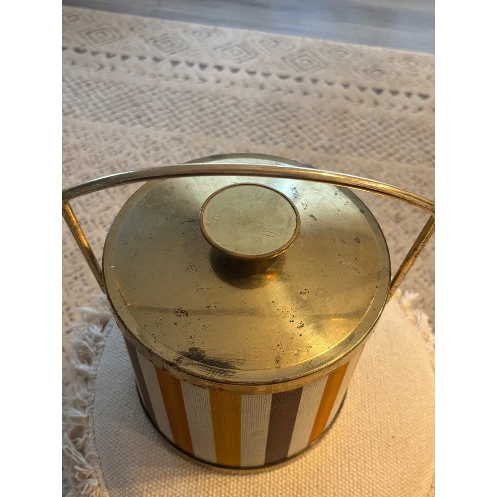 Vintage Mid Century Modern Striped Ice Bucket Retro 70s Brass Barware Yell/Brown